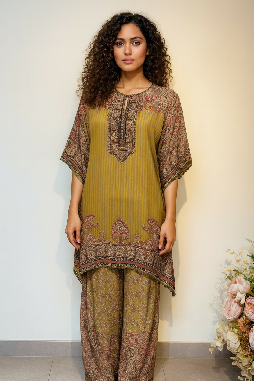 Woman wearing a traditional outfit with intricate patterns, standing against a plain background with 'AZAI' branding.