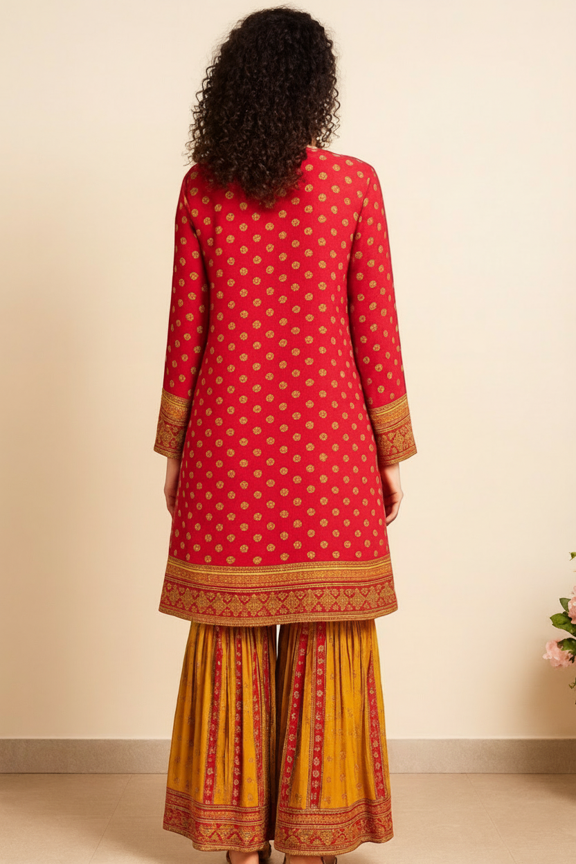 Red and yellow traditional outfit with gold patterns, worn by a person, on a beige background.
