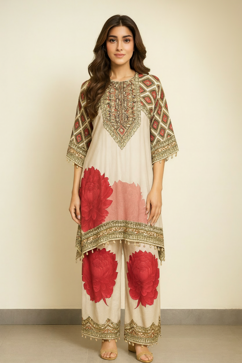 Woman wearing a traditional outfit with red floral patterns and gold embroidery, standing against a plain background. Brand 'AZAI' visible.